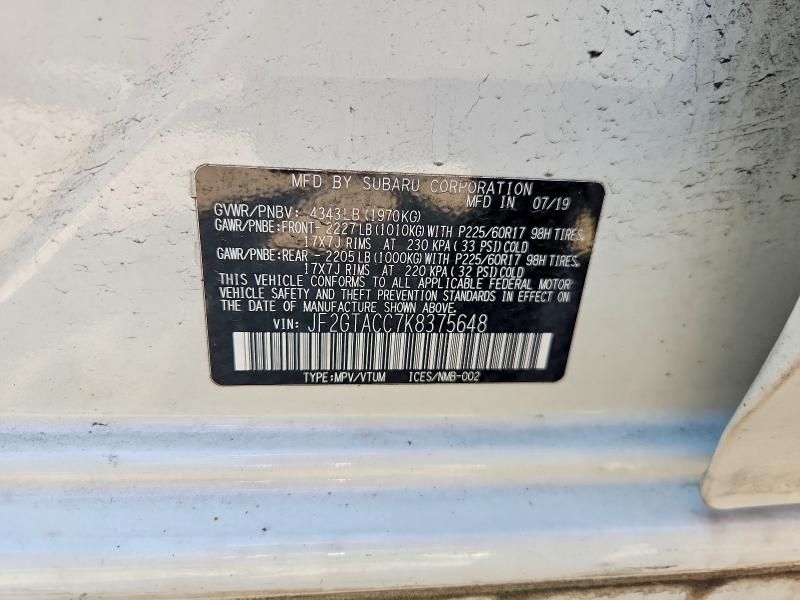 2019 Subaru Crosstrek მანქანა იყიდება აუქციონზე, vin: JF2GTACC7K8375648, აუქციონის ნომერი: 49587076