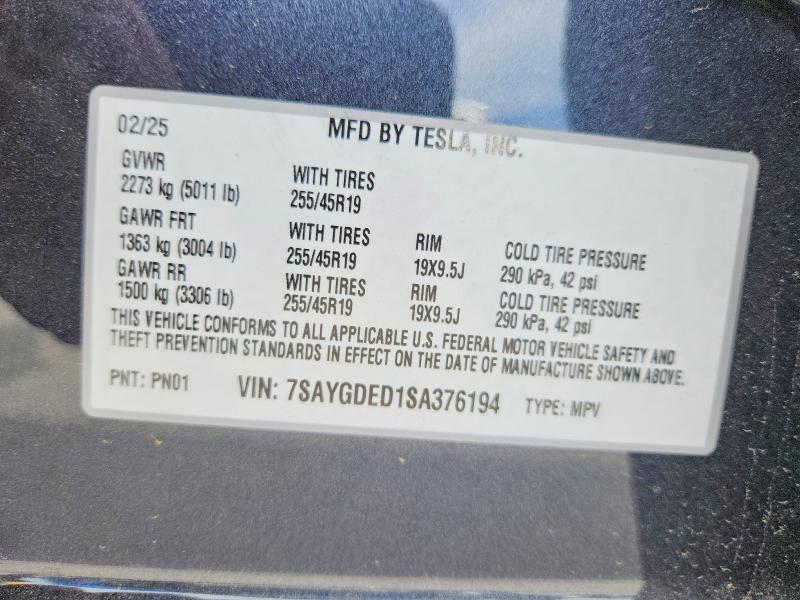 Aukcja sprzedaży 2025 Tesla Model Y, vin: 7SAYGDED1SA376194, numer aukcji: 48188626
