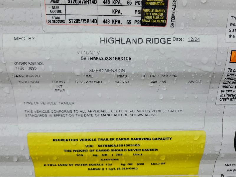 Продаж на аукціоні авто 2025 Highland Ridge Open Range, vin: 58TBM0AJ3S1563105, номер лоту: 50133636