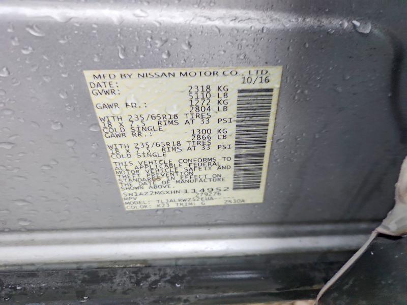 2017 Nissan Murano მანქანა იყიდება აუქციონზე, vin: 5N1AZ2MGXHN114952, აუქციონის ნომერი: 51600426