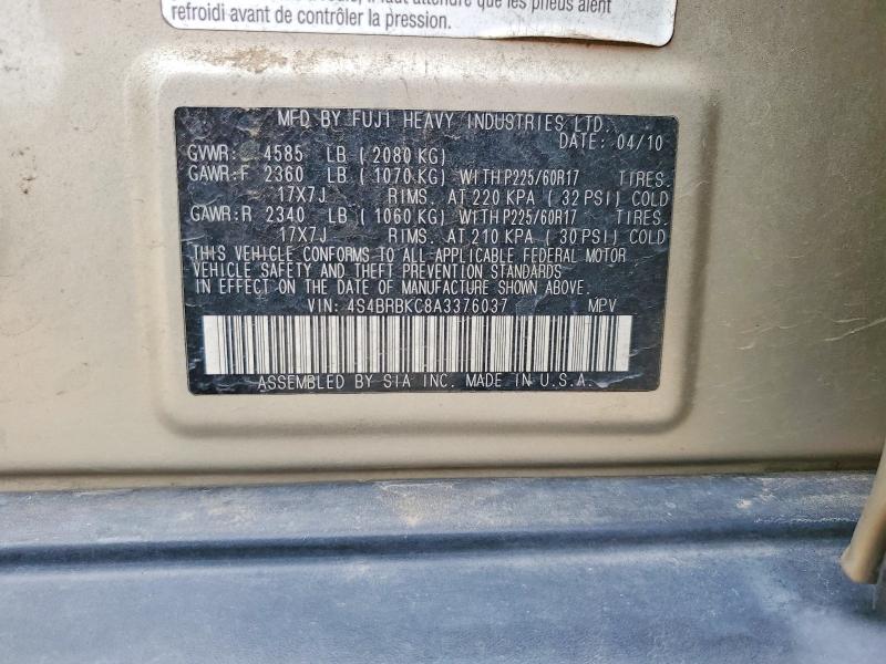 2010 Subaru Outback მანქანა იყიდება აუქციონზე, vin: 4S4BRBKC8A3376037, აუქციონის ნომერი: 51343436