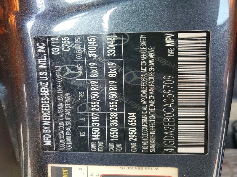 Aukcja sprzedaży 2012 Mercedes-benz Ml, vin: 4JGDA2EB0CA059709, numer aukcji: 51969616
