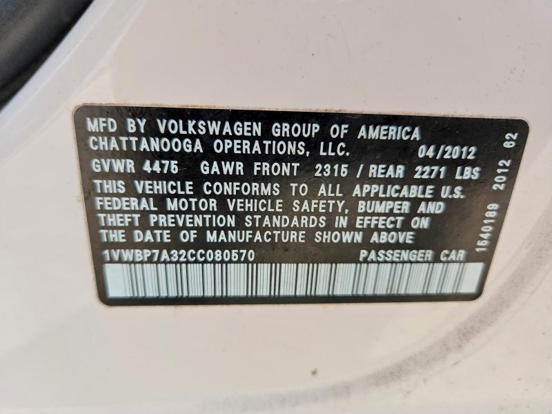 Продажа на аукционе авто 2012 Volkswagen Passat, vin: 1VWBP7A32CC080570, номер лота: 50403546