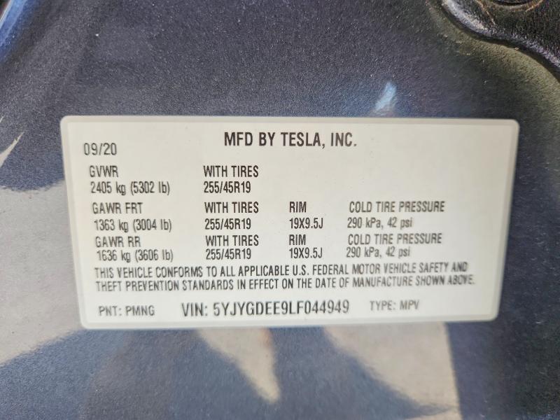 49540526 :رقم المزاد ، 5YJYGDEE9LF044949 vin ، 2020 Tesla Model Y مزاد بيع