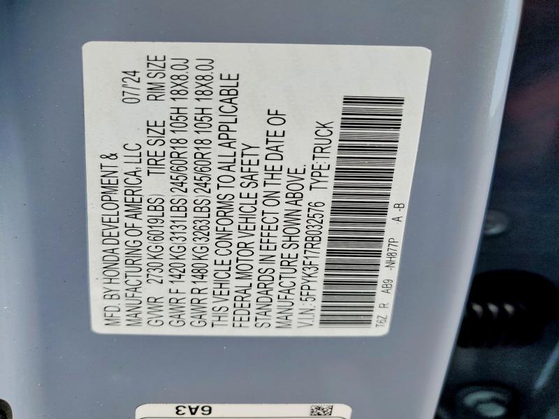 2024 Honda Ridgeline მანქანა იყიდება აუქციონზე, vin: 5FPYK3F17RB032576, აუქციონის ნომერი: 48113666