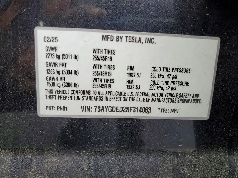 Aukcja sprzedaży 2025 Tesla Model Y, vin: 7SAYGDED2SF314063, numer aukcji: 49443216