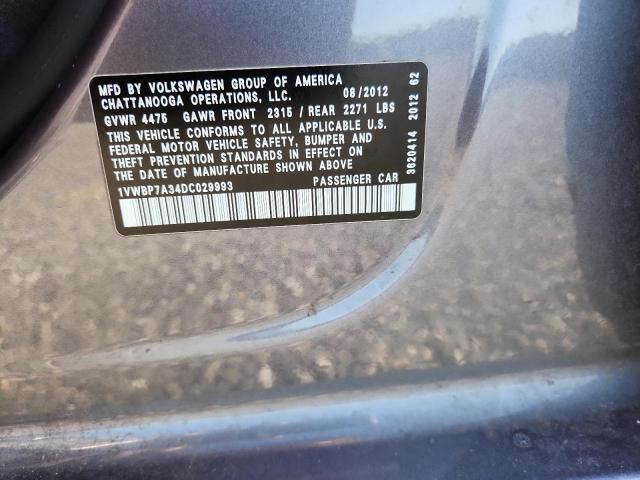 50749556 :رقم المزاد ، 1VWBP7A34DC029993 vin ، 2013 Volkswagen Passat مزاد بيع
