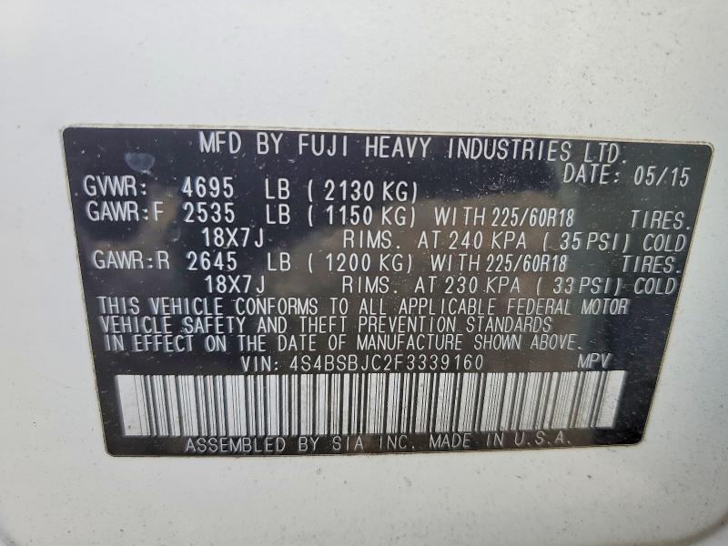 2015 Subaru Outback მანქანა იყიდება აუქციონზე, vin: 4S4BSBJC2F3339160, აუქციონის ნომერი: 50587706