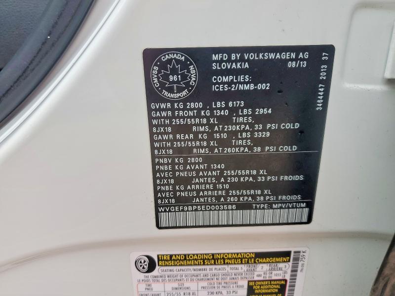 47941006 :رقم المزاد ، WVGEF9BP5ED003586 vin ، 2014 Volkswagen Touareg مزاد بيع