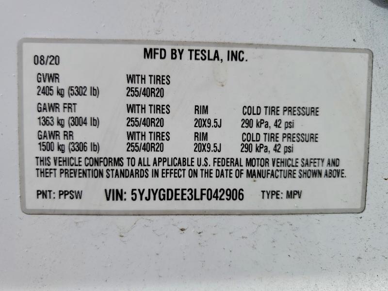Продаж на аукціоні авто 2020 Tesla Model Y, vin: 5YJYGDEE3LF042906, номер лоту: 48599156