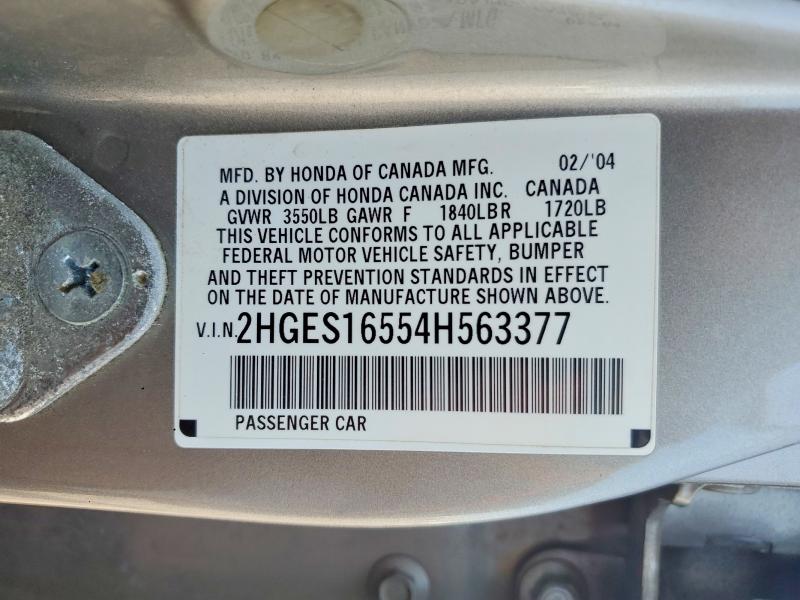 2004 Honda Civic მანქანა იყიდება აუქციონზე, vin: 2HGES16554H563377, აუქციონის ნომერი: 49219526