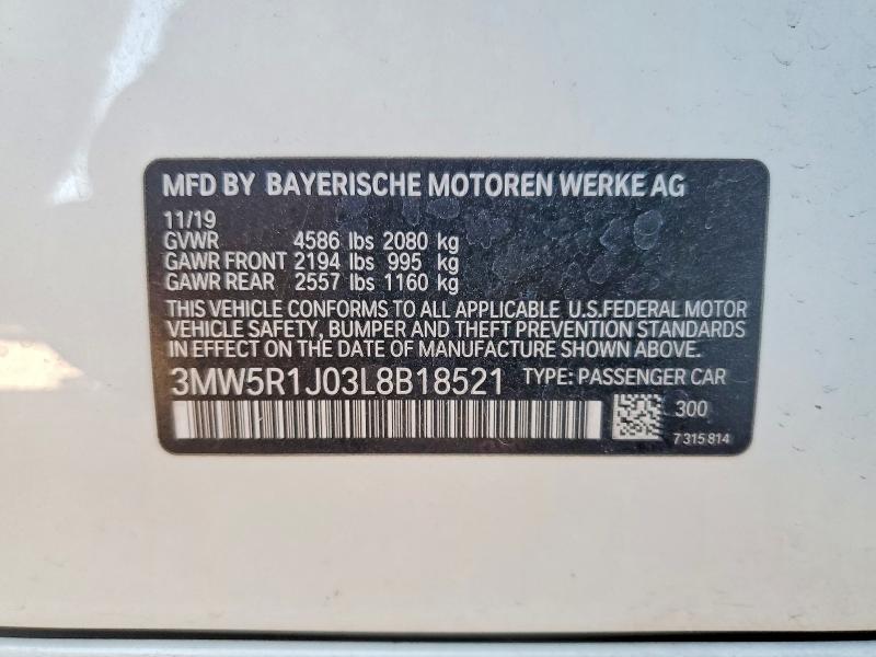 49977366 :رقم المزاد ، 3MW5R1J03L8B18521 vin ، 2020 Bmw 330i مزاد بيع