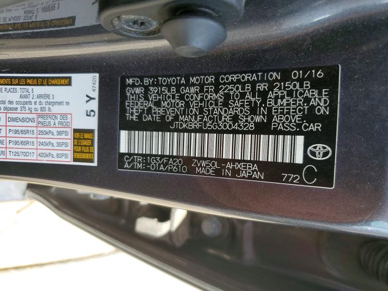2016 Toyota Prius მანქანა იყიდება აუქციონზე, vin: JTDKBRFU5G3004328, აუქციონის ნომერი: 49764196