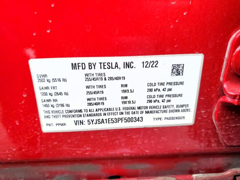 47991226 :رقم المزاد ، 5YJSA1E53PF500343 vin ، 2023 Tesla Model S مزاد بيع