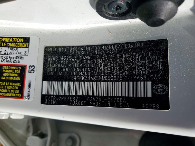 2021 Toyota Camry მანქანა იყიდება აუქციონზე, vin: 4T1KZ1AK5MU050973, აუქციონის ნომერი: 48938526