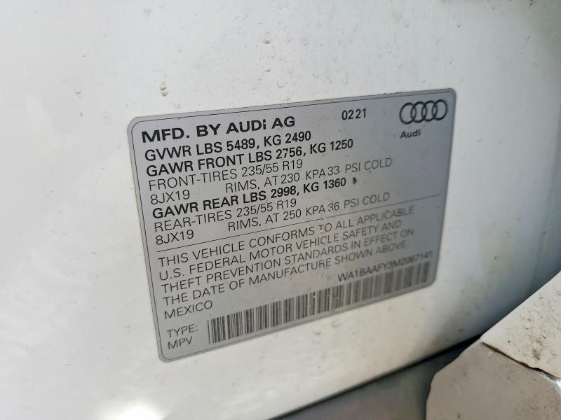 49867216 :رقم المزاد ، WA1BAAFY3M2067141 vin ، 2021 Audi Q5 مزاد بيع