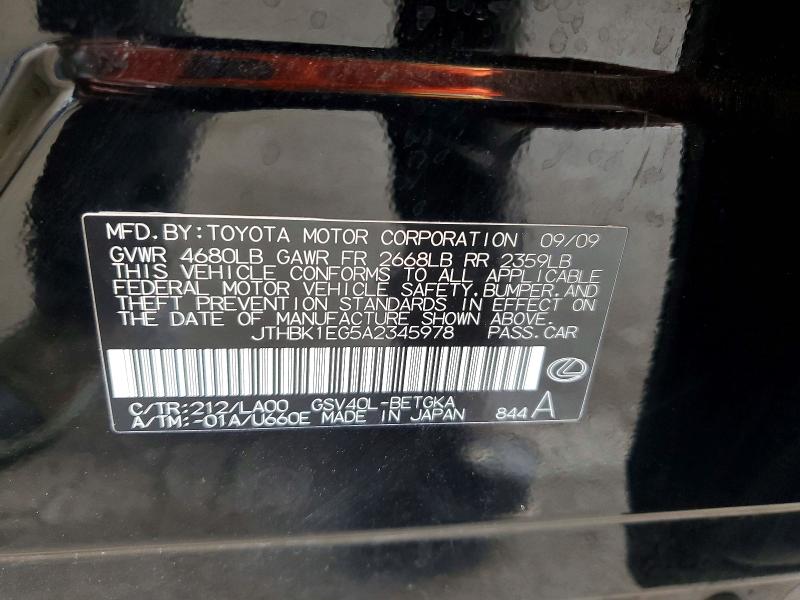 49489436 :رقم المزاد ، JTHBK1EG5A2345978 vin ، 2010 Lexus Es مزاد بيع