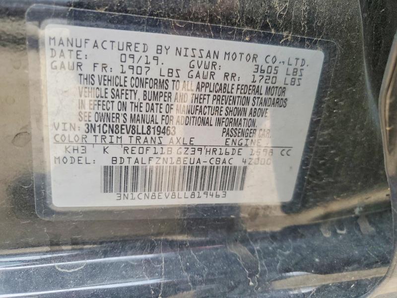 2020 Nissan Versa მანქანა იყიდება აუქციონზე, vin: 3N1CN8EV8LL819463, აუქციონის ნომერი: 50239576