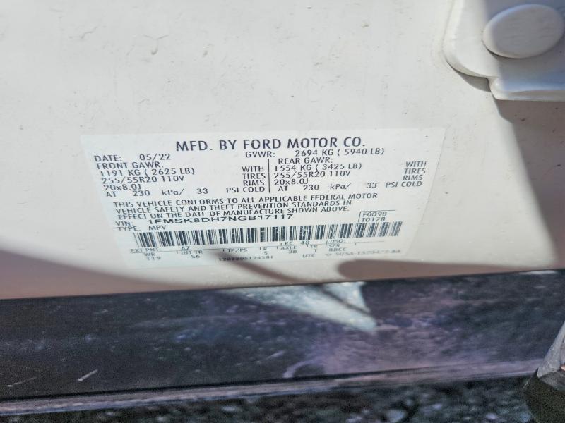 2022 Ford Explorer მანქანა იყიდება აუქციონზე, vin: 1FMSK8DH7NGB17117, აუქციონის ნომერი: 49214956