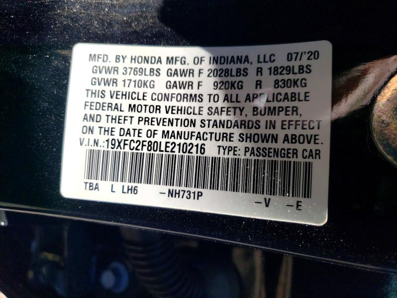 Aukcja sprzedaży 2020 Honda Civic, vin: 19XFC2F80LE210216, numer aukcji: 51087446