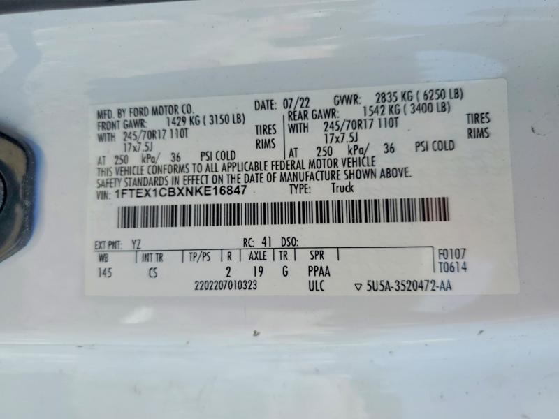 51253956 :رقم المزاد ، 1FTEX1CBXNKE16847 vin ، 2022 Ford F150 مزاد بيع