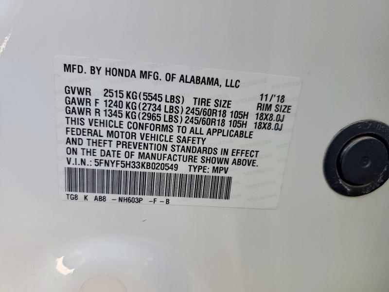 Продажа на аукционе авто 2019 Honda Pilot, vin: 5FNYF5H33KB020549, номер лота: 49468556