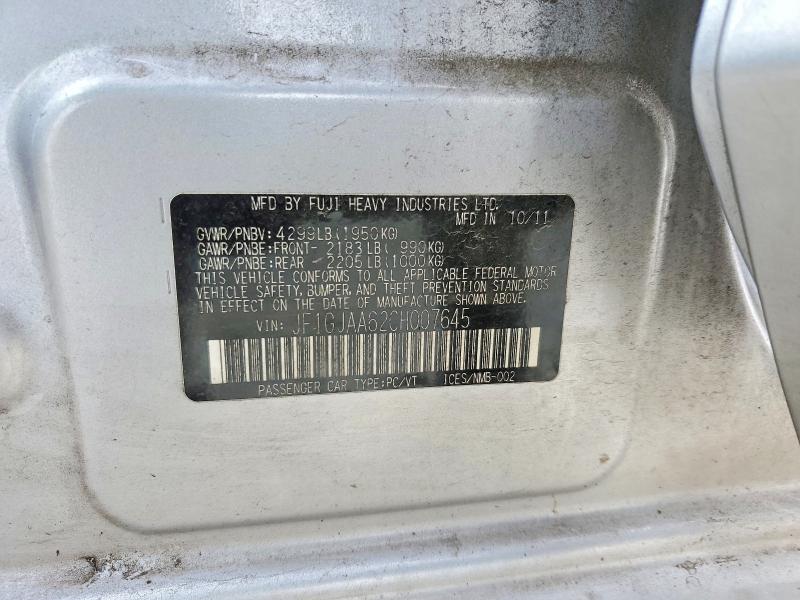 2012 Subaru Impreza მანქანა იყიდება აუქციონზე, vin: JF1GJAA62CH007645, აუქციონის ნომერი: 48684266