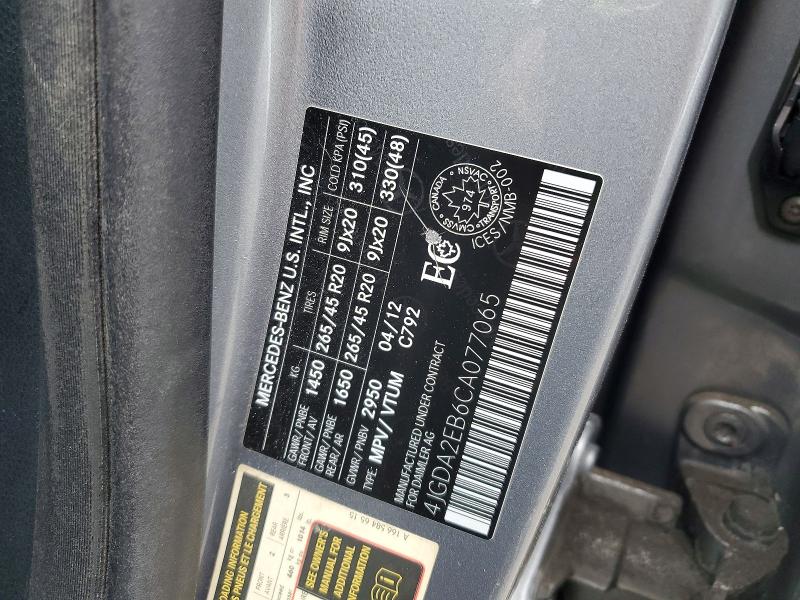 50608516 :رقم المزاد ، 4JGDA2EB6CA077065 vin ، 2012 Mercedes-benz Ml مزاد بيع
