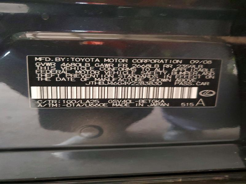 49665356 :رقم المزاد ، JTHBJ46G492283830 vin ، 2009 Lexus Es مزاد بيع