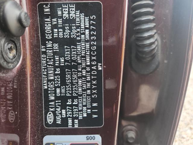 2012 Kia Sorento მანქანა იყიდება აუქციონზე, vin: 5XYKTDA6XCG232775, აუქციონის ნომერი: 52123016