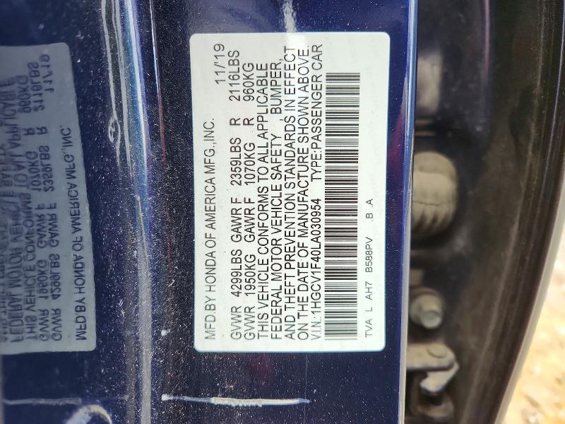 50072486 :رقم المزاد ، 1HGCV1F40LA030954 vin ، 2020 Honda Accord مزاد بيع