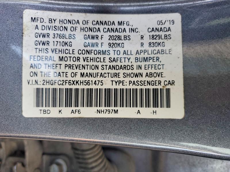 2019 Honda Civic მანქანა იყიდება აუქციონზე, vin: 2HGFC2F6XKH561475, აუქციონის ნომერი: 48687426