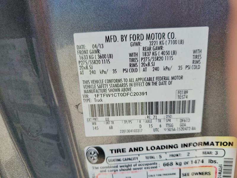 2013 Ford F150 მანქანა იყიდება აუქციონზე, vin: 1FTFW1CT0DFC20391, აუქციონის ნომერი: 50724016
