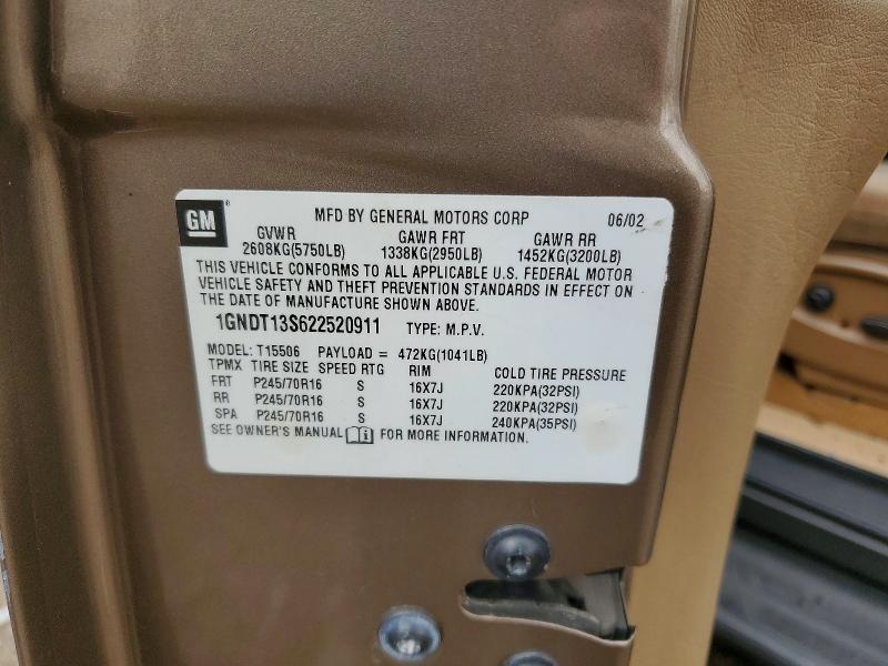 2002 Chev Trailblazer მანქანა იყიდება აუქციონზე, vin: 1GNDT13S622520911, აუქციონის ნომერი: 51659696