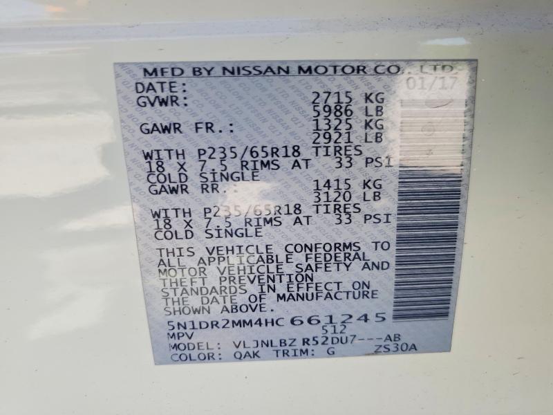 Продаж на аукціоні авто 2017 Nissan Pathfinder, vin: 5N1DR2MM4HC661245, номер лоту: 50302076