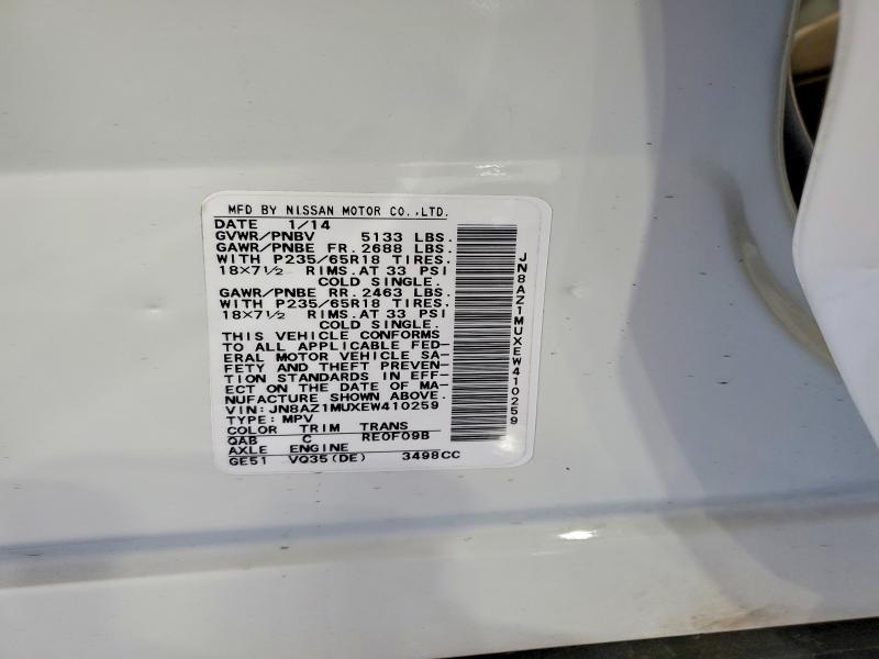 49161296 :رقم المزاد ، JN8AZ1MUXEW410259 vin ، 2014 Nissan Murano مزاد بيع