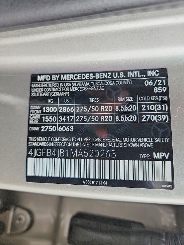 50550496 :رقم المزاد ، 4JGFB4JB1MA520263 vin ، 2021 Mercedes-benz Gle مزاد بيع