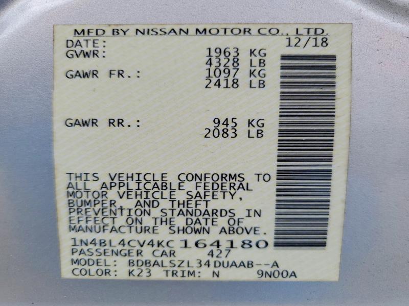 2019 Nissan Altima მანქანა იყიდება აუქციონზე, vin: 1N4BL4CV4KC164180, აუქციონის ნომერი: 51592276