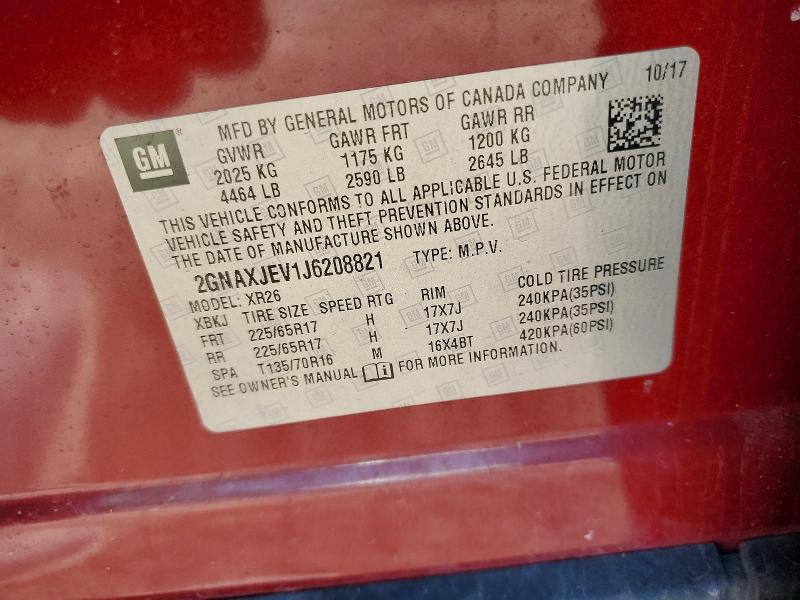 2018 Chevrolet Equinox მანქანა იყიდება აუქციონზე, vin: 2GNAXJEV1J6208821, აუქციონის ნომერი: 48948056