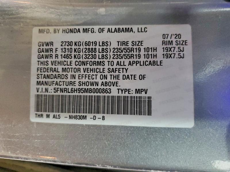 51027936 :رقم المزاد ، 5FNRL6H95MB000863 vin ، 2021 Honda Odyssey مزاد بيع