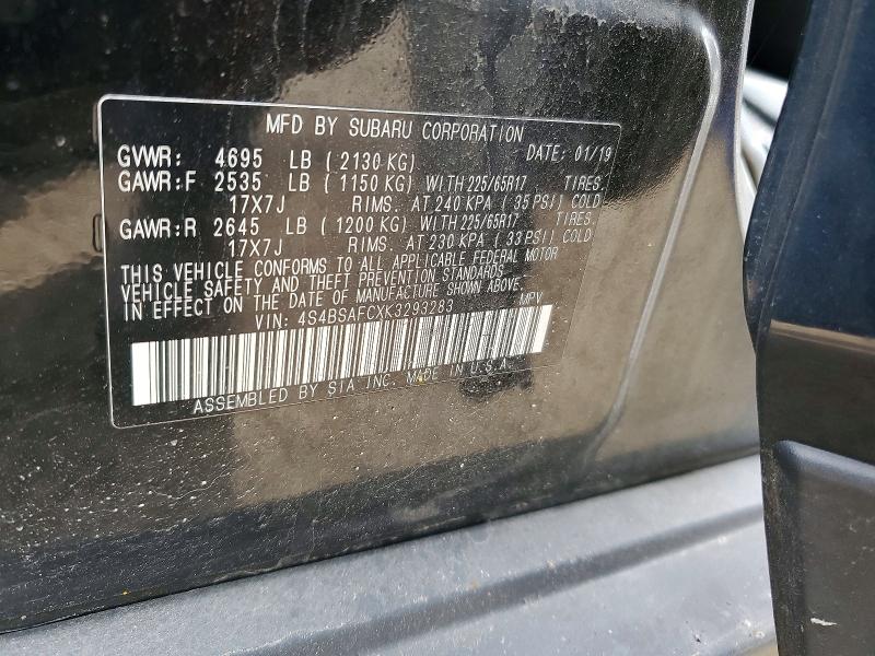 49961516 :رقم المزاد ، 4S4BSAFCXK3293283 vin ، 2019 Subaru Outback مزاد بيع