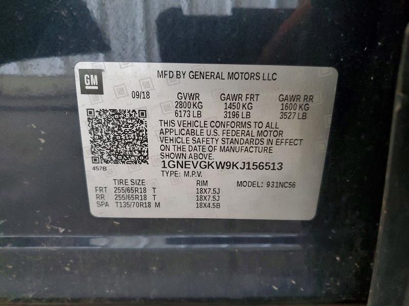 50517926 :رقم المزاد ، 1GNEVGKW9KJ156513 vin ، 2019 Chevrolet Traverse مزاد بيع
