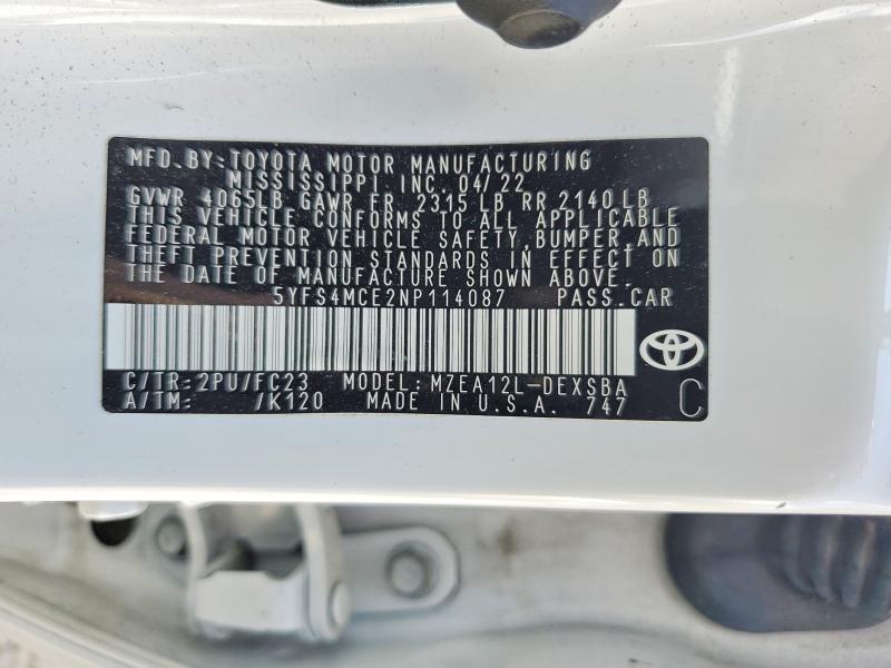 51549326 :رقم المزاد ، 5YFS4MCE2NP114087 vin ، 2022 Toyota Corolla مزاد بيع
