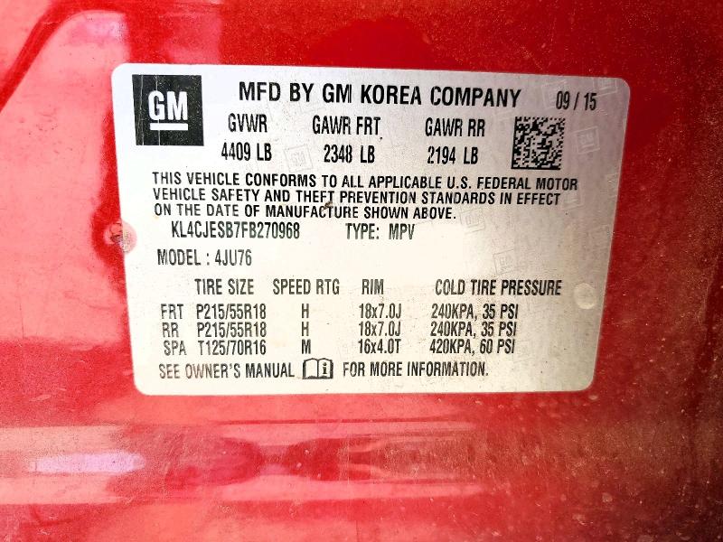 2015 Buick Encore მანქანა იყიდება აუქციონზე, vin: KL4CJESB7FB270968, აუქციონის ნომერი: 48767916