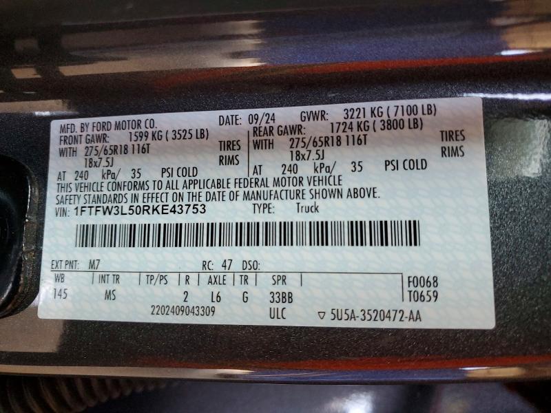 Продаж на аукціоні авто 2024 Ford F150, vin: 1FTFW3L50RKE43753, номер лоту: 49405886
