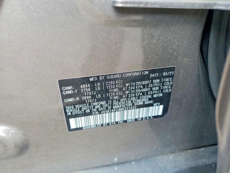 2021 Subaru Outback მანქანა იყიდება აუქციონზე, vin: 4S4BTAFC4M3221432, აუქციონის ნომერი: 50352216