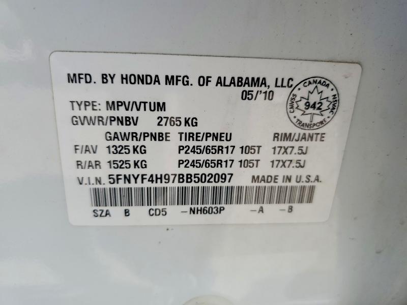 Продажа на аукционе авто 2011 Honda Pilot, vin: 5FNYF4H97BB502097, номер лота: 50559176
