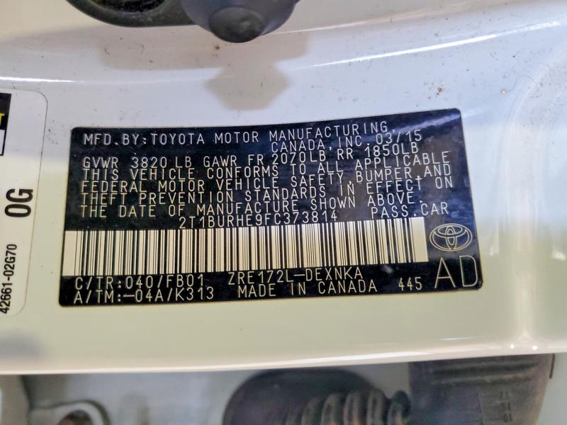 Auction sale of the 2015 Toyota Corolla, vin: 2T1BURHE9FC373814, lot number: 51961206
