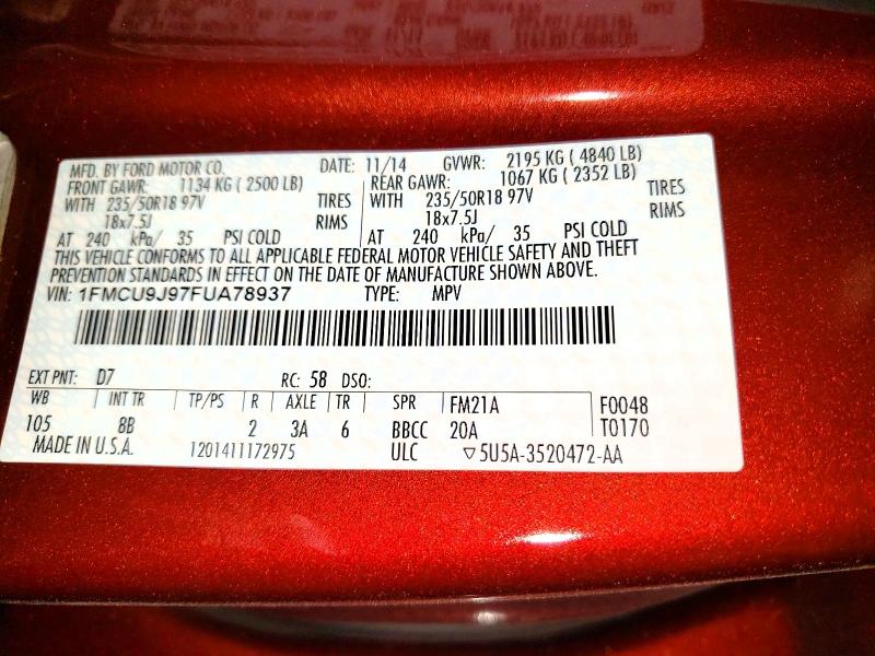 48698316 :رقم المزاد ، 1FMCU9J97FUA78937 vin ، 2015 Ford Escape مزاد بيع