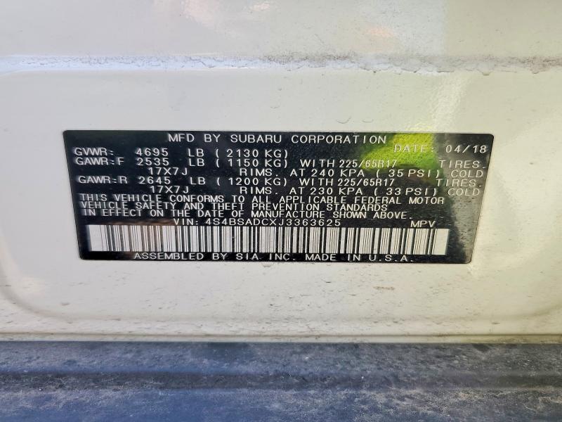 2018 Subaru Outback მანქანა იყიდება აუქციონზე, vin: 4S4BSADCXJ3363625, აუქციონის ნომერი: 49279286